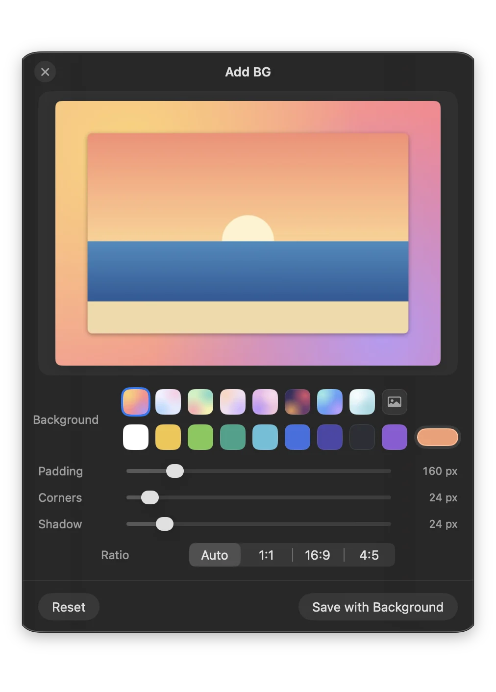 The Add BG editor with background swatches and padding, corner and shadow sliders