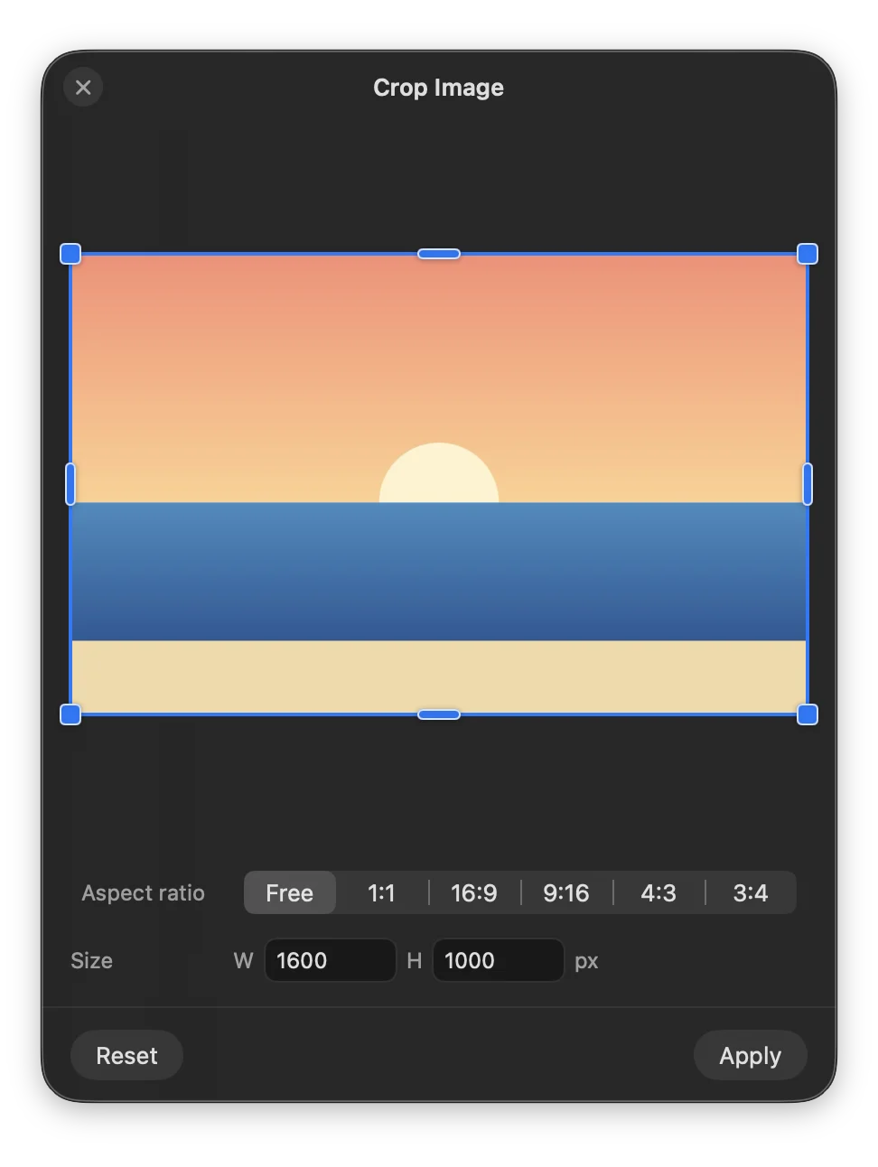 The Crop Image editor with aspect-ratio presets and exact pixel size fields