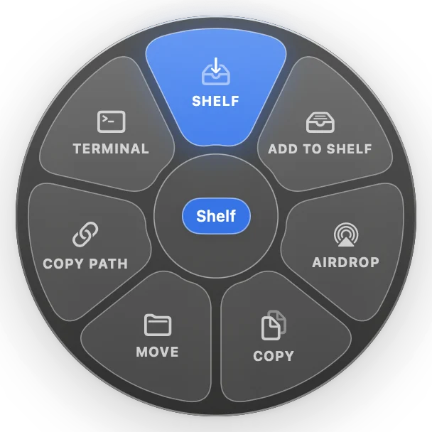 The Actions wheel, with Shelf highlighted among Add to Shelf, AirDrop, Copy, Move, Copy Path and Terminal